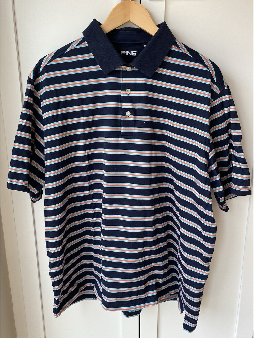 Ping Men’s Golf Shirt XL Blue Teal Orange Striped, Spotless Condition, NWOT